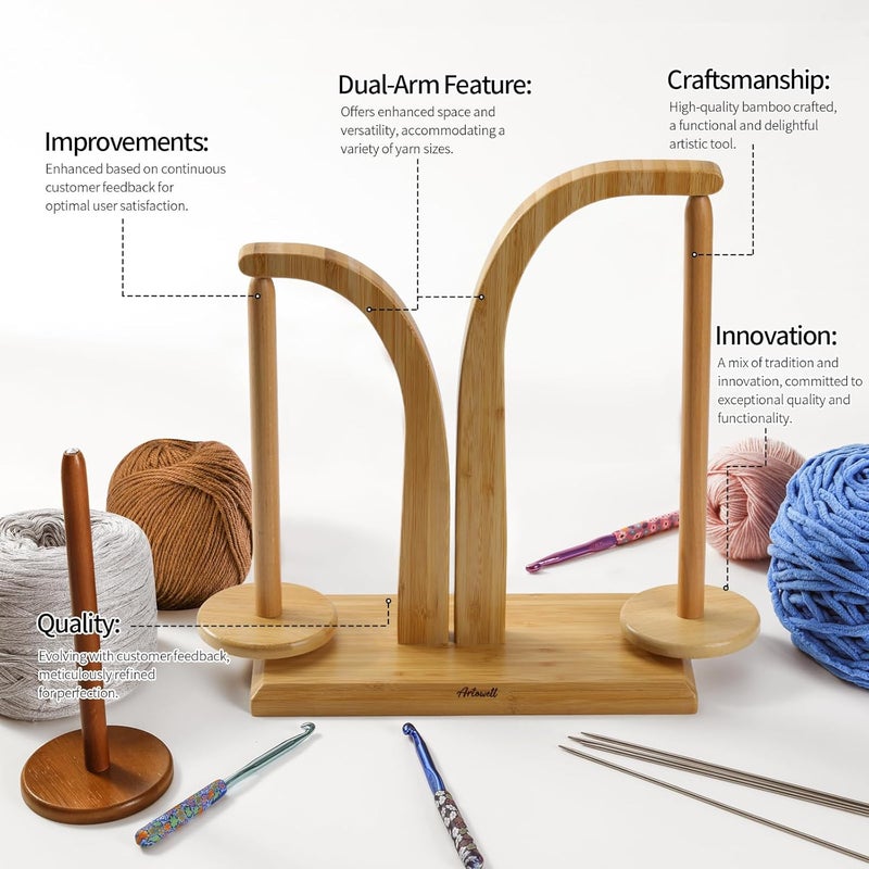 FLYKEY Yarn Holder for Knitting and Crocheting,Wooden Yarn Spinner with 2 Spindles by Artowell,an Ideal Gift for Knitting Enthusiasts Knitting,Wool Storage for Knitting Lovers in Original Bamboo Color - Image 4